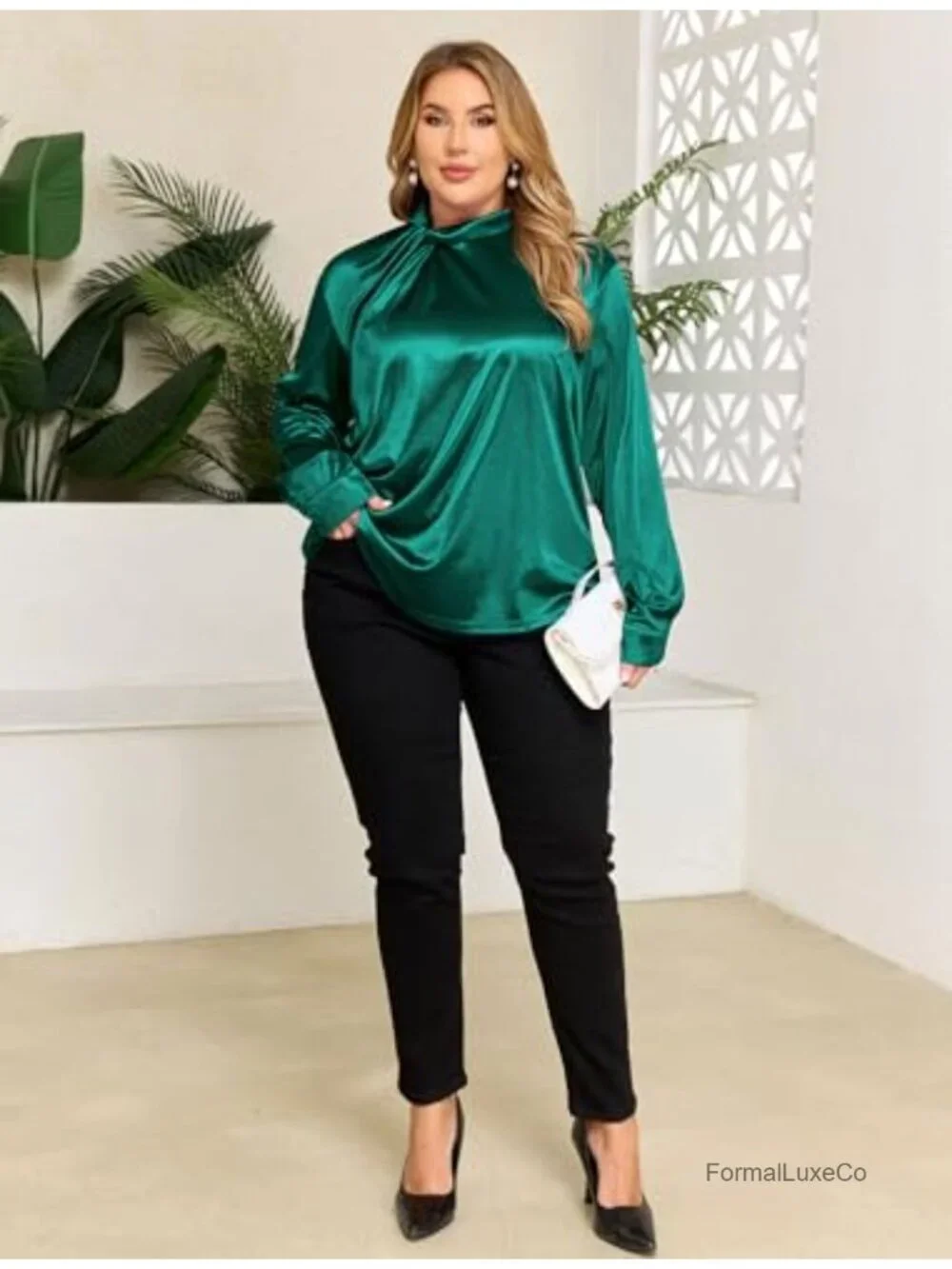 Plus Size Satin Business Casual Blouse Long Sleeve Twist Mock Neck Office Top